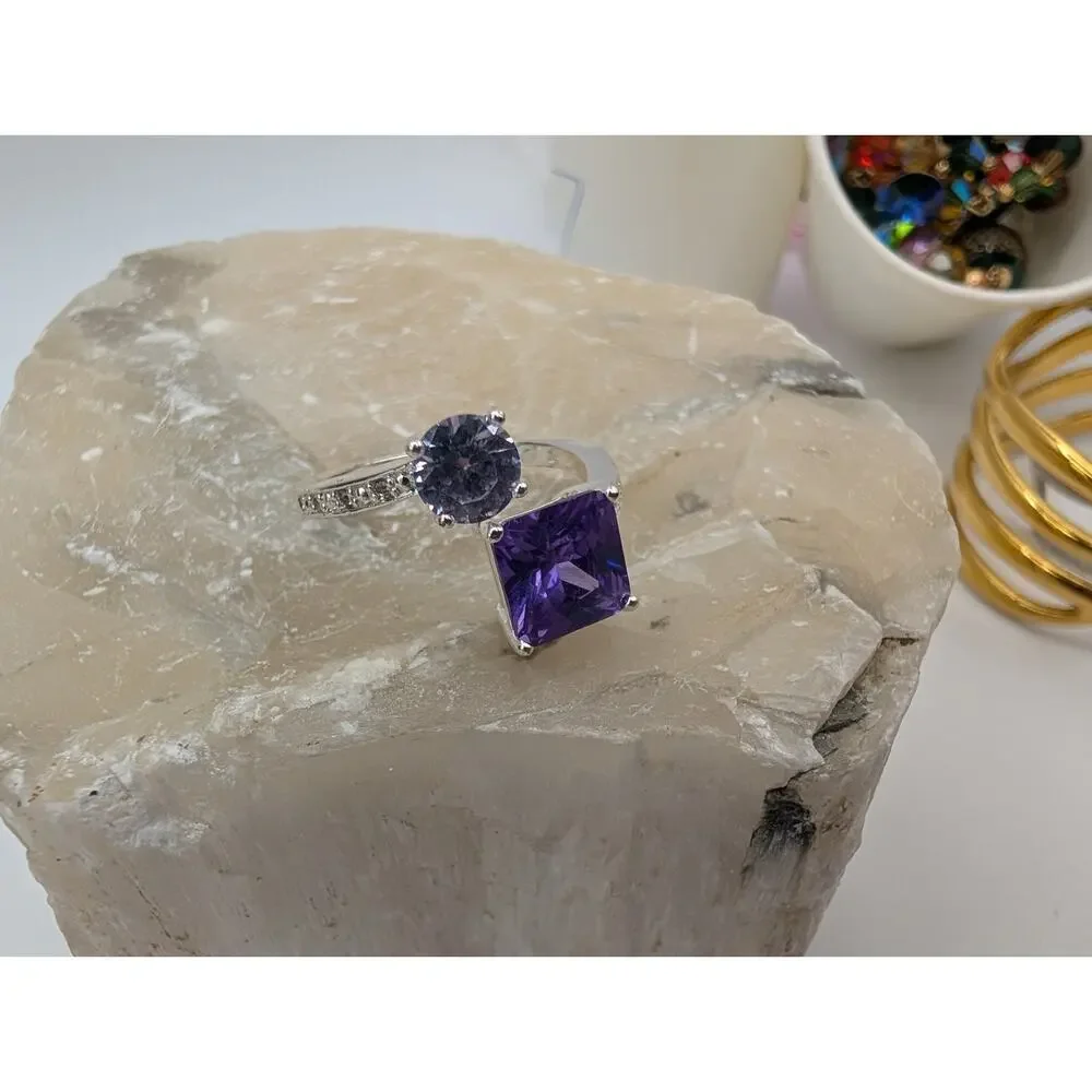 Fashion Silver Tone Bypass Ring Purple & Lavender Amethyst CZ Stones Size 7